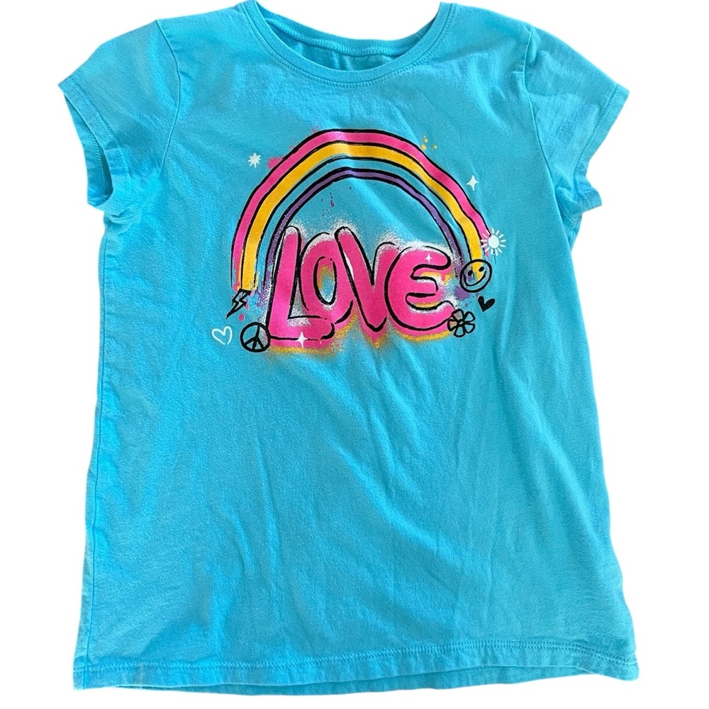 Blue Girls Shirt with Rainbow and Love Design Size XL 14